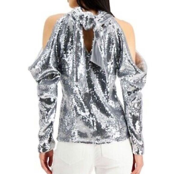 INC International Concepts Top Sequined Silver Cold Shoulder Scarf Neck Medium - Picture 4 of 16